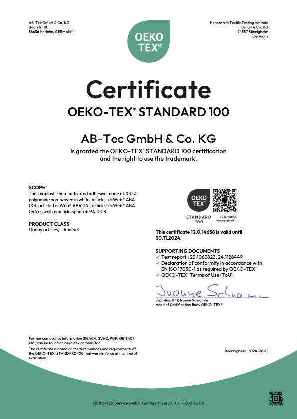 Oeko-Tex® | ABA 001, ABA 041, ABA 044, PA 1008